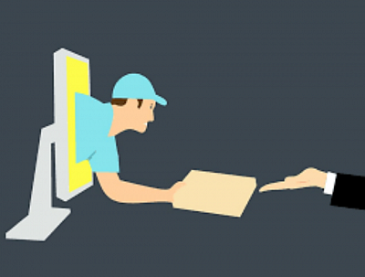 Illustration showing a delivery package being delivered to a customer. The delivery person is showed coming out of a computer desktop screen handing the package to the waiting customers hand. For visual purposes only.
